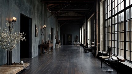 Dark Industrial Interior: A Moody Long Corridor with Large Windows