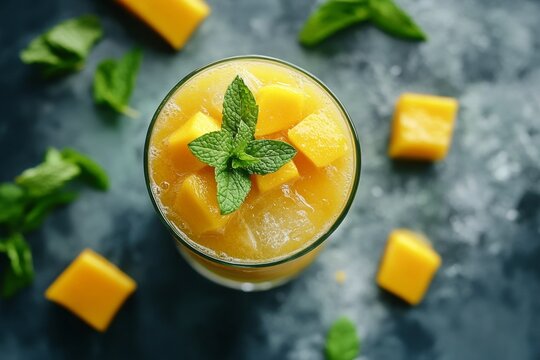Close-up of aam panna in glass, topped with mint. Dark textured surface with mango pieces. Concept of refreshing aam panna as a raw mango cooler in summer.