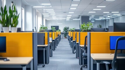 A corporate space with ergonomic workstations and partitioned cubicles for employees