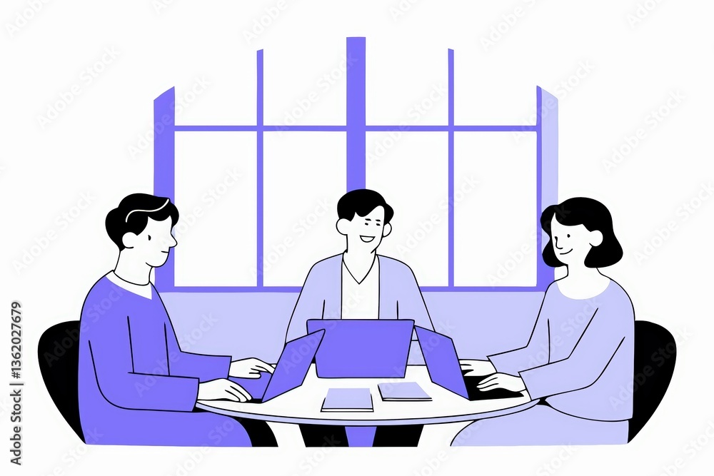Aufkleber three people collaborating at a round table with laptops, set in a bright, modern workspace illumina