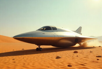 high-tech space vessel in desert, alien ship