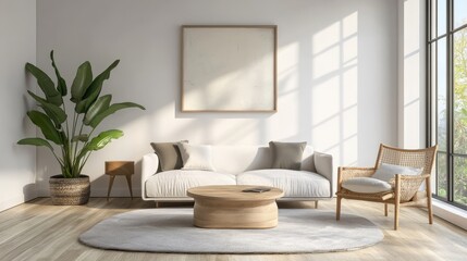 Minimalist modern living room interior background, Scandinavian style, 3D render illustration