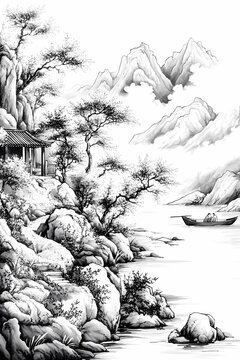 真作】絵画 墨彩（色紙） 山水画 風雅な墨の世界 伝統技法の一作