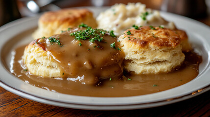A plate of biscuits and gravy with a side of mashed potatoes on a wooden table surface top view