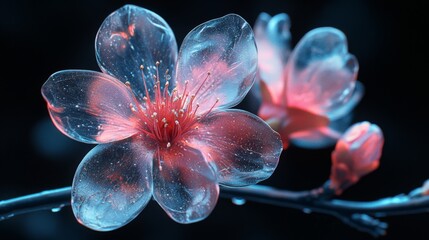 Obraz premium Chrome liquid Sakura cherry blossom flower. 3D render, modern design. Isolated holographic futuristic floral icon. Y2K, brutalism retro futurism concept.