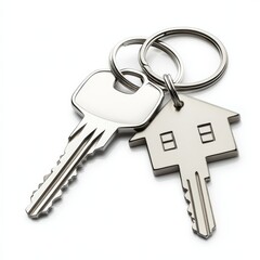 House keys with house shaped keychain, isolated on white background