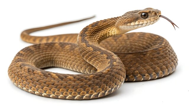 Isolated venomous snake slithers, its scaled head a danger against the white background copperhead
