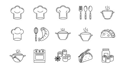 Line art icons of various cooking elements and chef hats.
