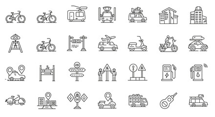Line art icons of various transportation and travel related imagery.