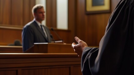 Courthouse scene with a witness testifying under oath in court. Featuring truth and responsibility