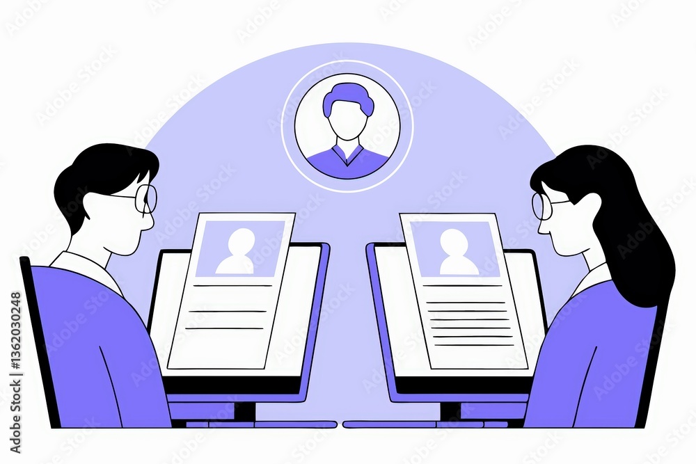 Poster illustration of two people interviewing via computers, with a circular profile image above, represen
