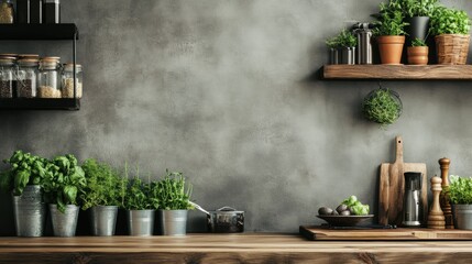 Modern kitchen shelves with potted herbs and kitchenware