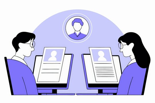 Illustration of two people interviewing via computers, with a circular profile image above, representing a virtual meeting or remote interview setting.