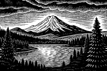 Minimalist captivating natural wonders explore majestic peaks serene lakes black and white sketch hand drawn tranquil forest