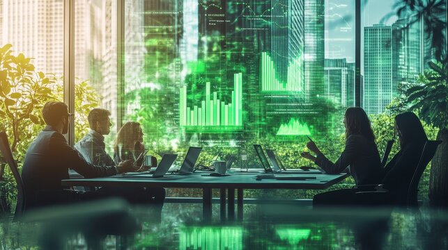 Office meeting with green virtual sustainable development data charts, symbolizing an eco-conscious organizational plan, photorealistic illustration