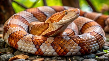 Fototapeta premium A venomous brown serpent slithers through wild grass, its eye a dangerous close-up in nature copperhead