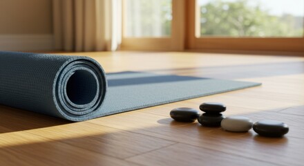 A Tranquil Yoga Space with Natural Light Illuminating a Rolled Mat and Stones