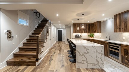 A modern basement renovation features a spacious
