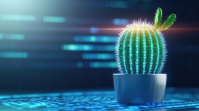 Cactus with binary code spines representing cybersecurity