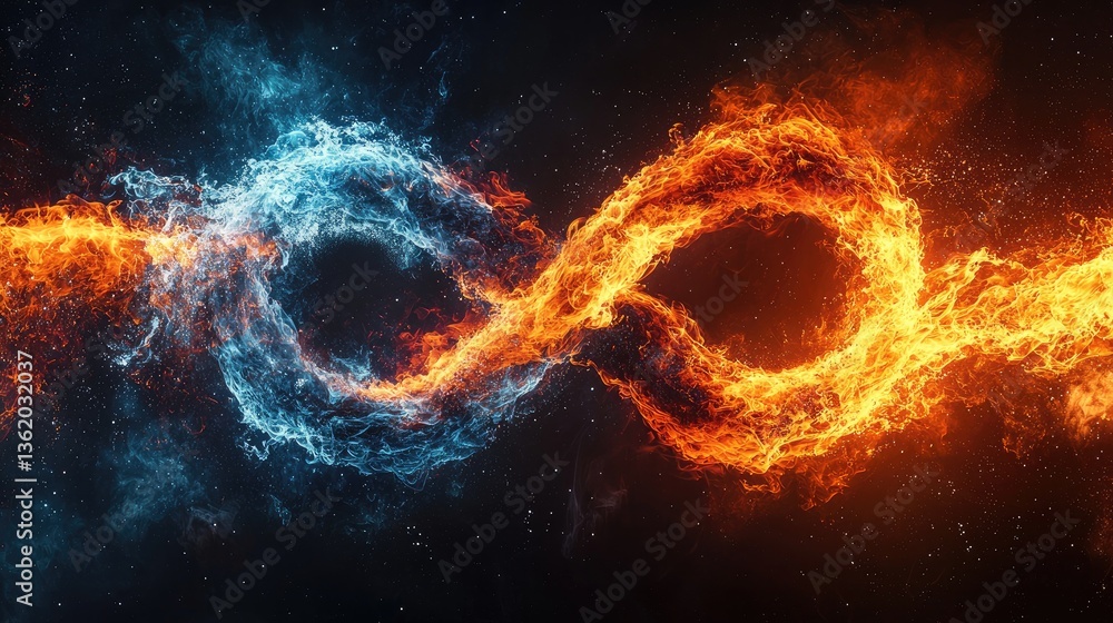 Poster abstract digital art depicting intertwining blue and orange flames against a dark, starry background