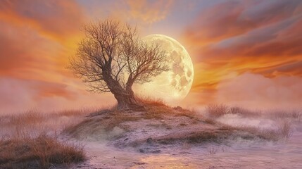 Fototapeta premium Enchanted Sunset: Lone Tree Under a Giant Moon