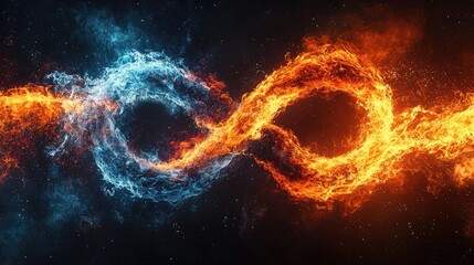 Abstract digital art depicting intertwining blue and orange flames against a dark, starry background. The image uses particle effects to create a dynamic and ethereal look