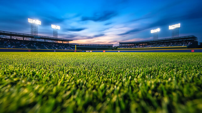 A ground level view of a lush green baseball field at dusk with stadium lights and spectators visible