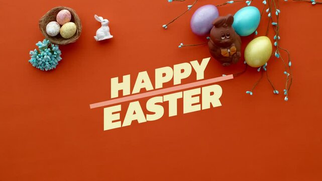 Animation with Happy Easter text on red background with colored eggs and Easter bunny