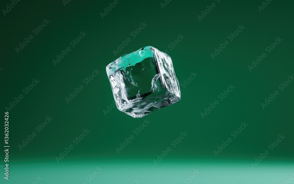 Poster a translucent cube of ice floats against a deep green background. the cube's edges are slightly roug
