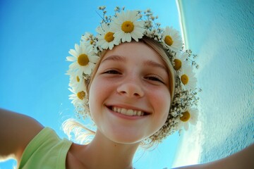 Happy caucasian teenager girl with blond hair wearing white flower crown on her head. Happy summertime concept graphic design idea art. Morning rays. Young girl celebrating holidays.