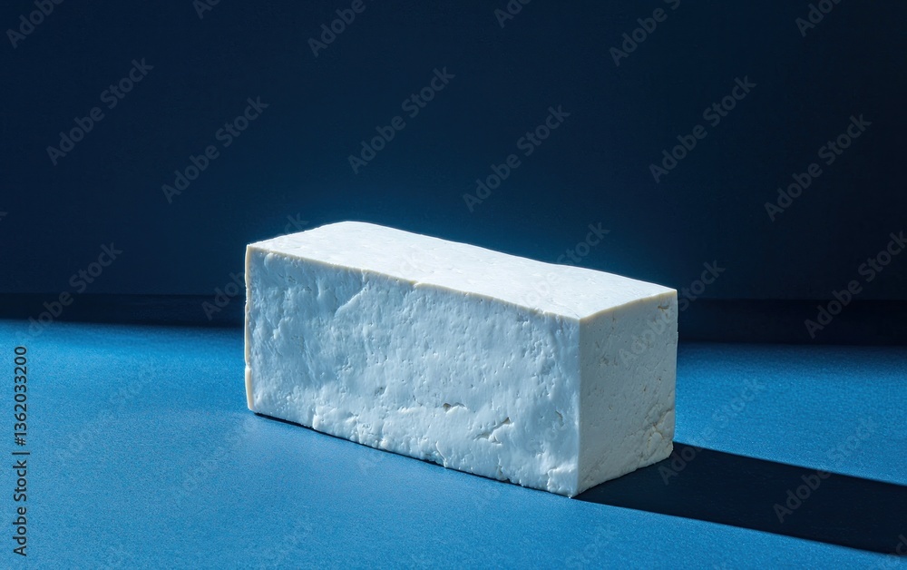 Poster rectangular block of firm tofu on a dark blue surface, illuminated by a dramatic light source castin