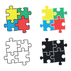 Colorful Puzzle Pieces Icon Set with Yellow, Green, Blue, and Red, Representing Problem Solving, Integration, and Teamwork