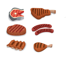 Fried sausages, steak, chicken, turkey, salmon, fish. Set of icons.