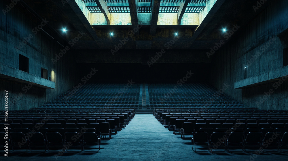 Poster a vast auditorium filled with rows of empty seats under dim lighting and a structured ceiling design