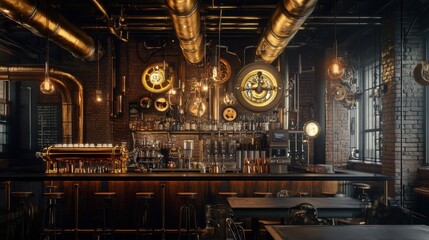 Industrial-style bar interior featuring vintage decor, dim lighting, and unique fixtures