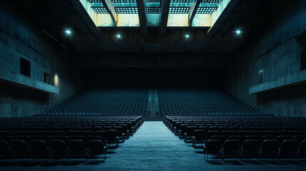 Naklejka premium A vast auditorium filled with rows of empty seats under dim lighting and a structured ceiling design