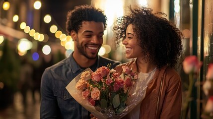 A couple exchanging flowers on a romantic evening