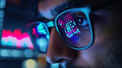 Young indian business man trader wearing glasses looking at computer screen with trading charts reflecting in eyeglasses watching stock trading market financial data growth concept, close up.
