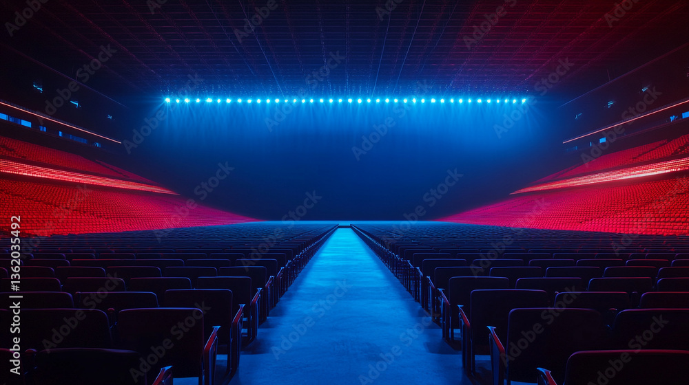 Poster empty stadium seating with blue and red lighting and rows of seats in a dark venue space