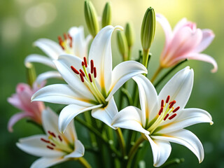 Fototapeta premium White lilies. Green nature background.