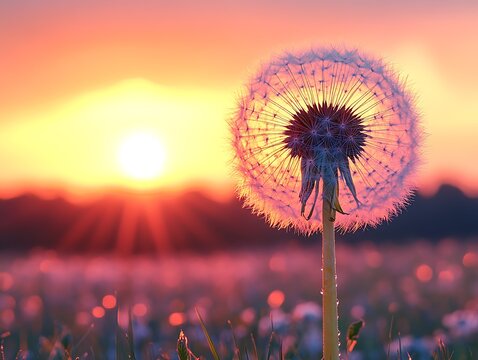 A beautiful dandelion with its seeds against the sunset sky