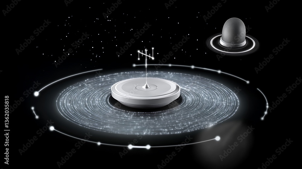 Poster futuristic artistic depiction of technological device and celestial display