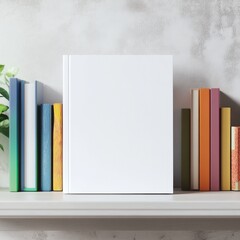 Fototapeta premium A blank white book stand on a shelf with colorful books. The bookshelf kid book mockup concept