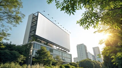 Obraz premium Blank Urban Billboard in Green Cityscape with Skyline View