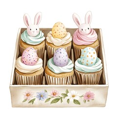 Whimsical Easter cupcakes decorated with bunnies eggs and flowers
