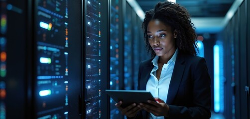Black woman IT support engineer works in data center server room. Female technician uses tablet, checks computer system for cyber security. Digital technology, data, cloud computing, internet.