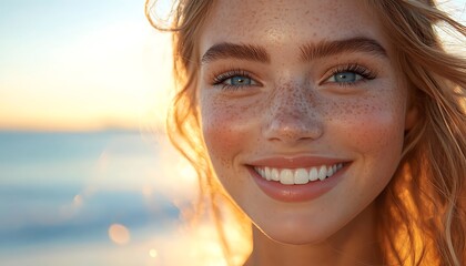 A beautiful woman smiling widely with freckles and sunlight