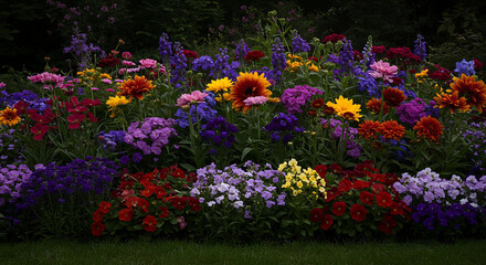 A vibrant flowerbed filled with colorful blooming flowers
