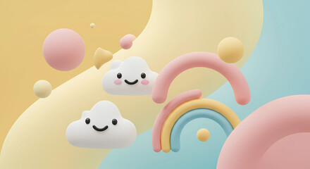 Pastel clouds and rainbow with cute smiling faces art