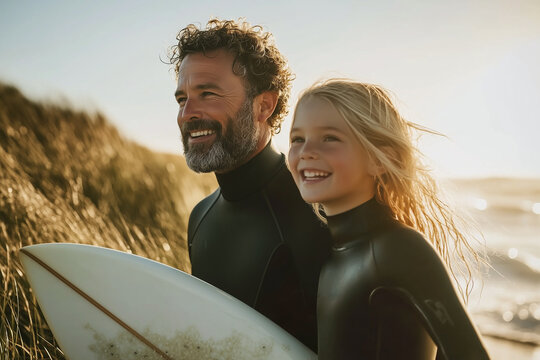 Father and daughter in wetsuits with surfboards on a beach at sunset